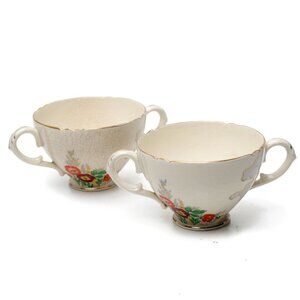 Vintage Royal Cauldon Floral Footed Bullion Cups Double Handles Cream Red Gold